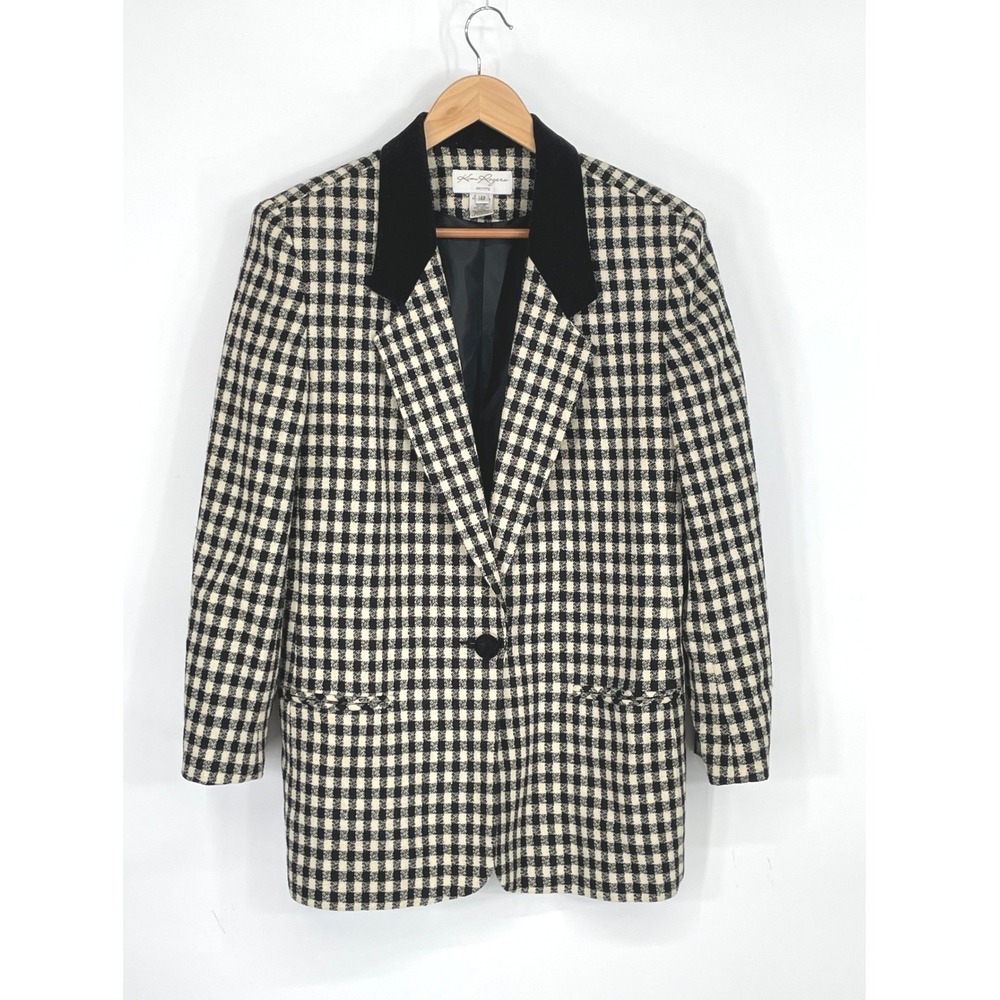 Vintage Kim Rogers Womens Blazer 14P Jacket Black Cream Gingham Velvet Collar